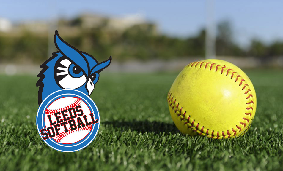 Leeds Softball branded background image featuring the blue jay owl mascot logo alongside a yellow softball on grass