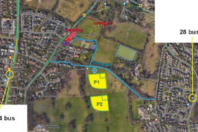 Aerial map of a park showing a walking route to a softball venue, with P1 and P2 parking areas marked in yellow and access paths highlighted