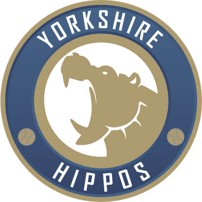 Yorkshire Hippos circular badge logo featuring a hippo head illustration in gold on a navy blue background with the team name around the edge