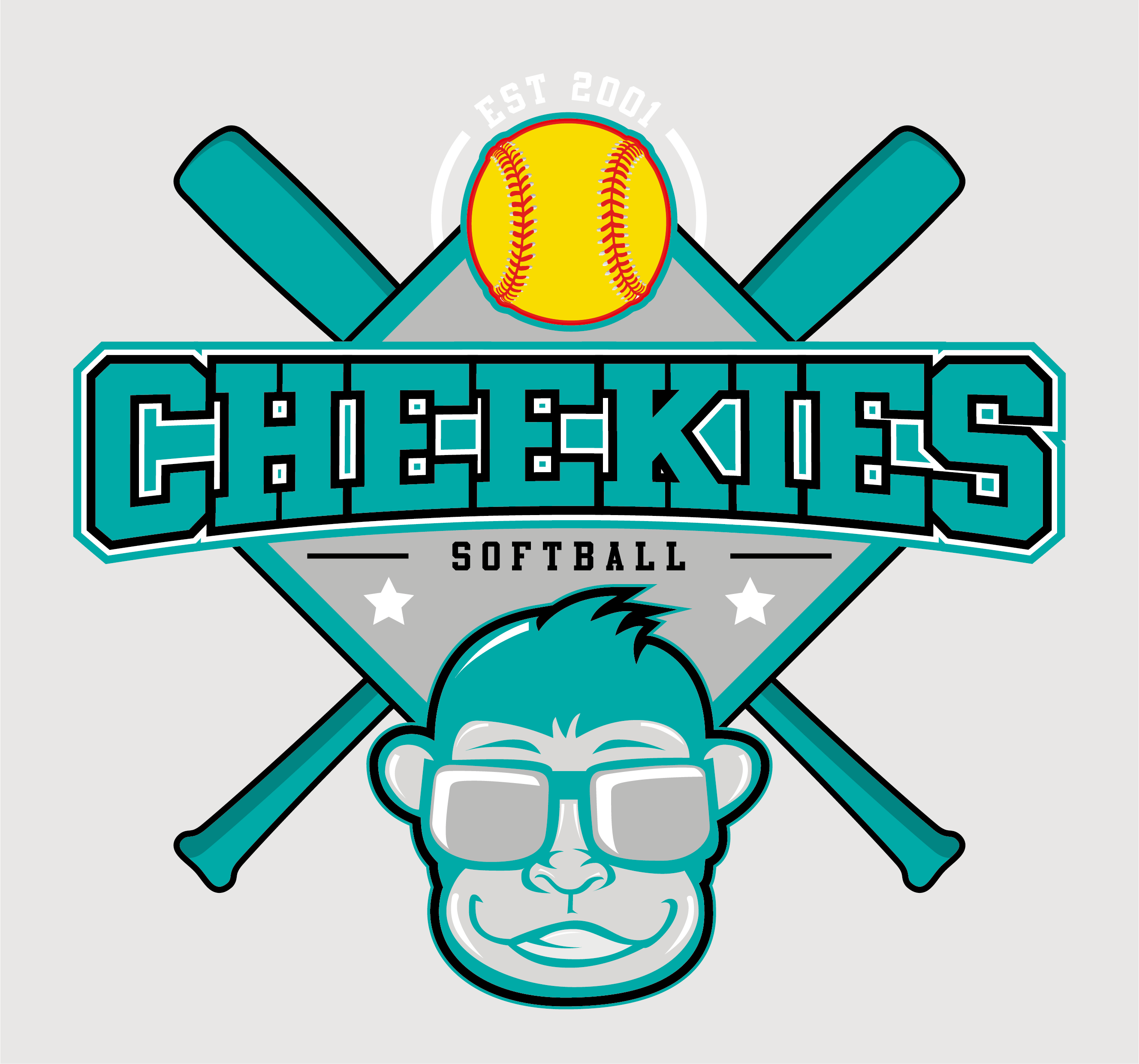 Cheekies Softball official logo featuring a teal mascot character with sunglasses, crossed bats and Cheekies Softball text