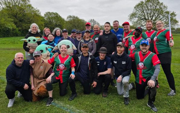 Large group photo from the Dales Freeze event May 2024, mix of players in green and red Dales kits and other team colours