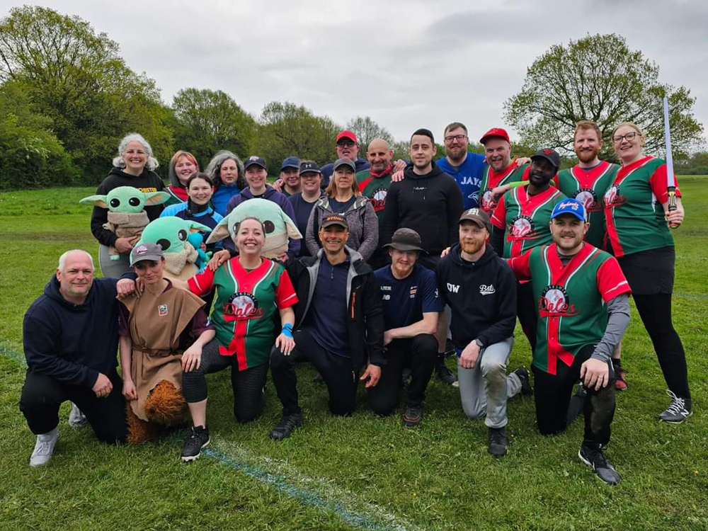 Large group photo from the Dales Freeze event May 2024, mix of players in green and red Dales kits and other team colours
