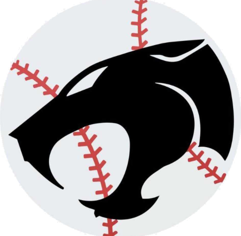 Thunderbats softball team logo featuring a black panther head over a grey baseball with red stitching