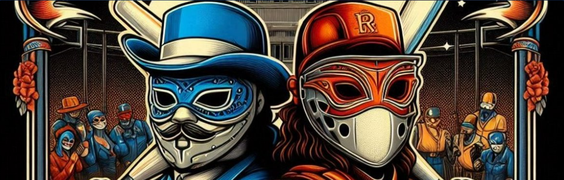 Illustrated graphic showing two masked softball characters facing off, one in blue and one in orange, used for Shake and Bake event promotion